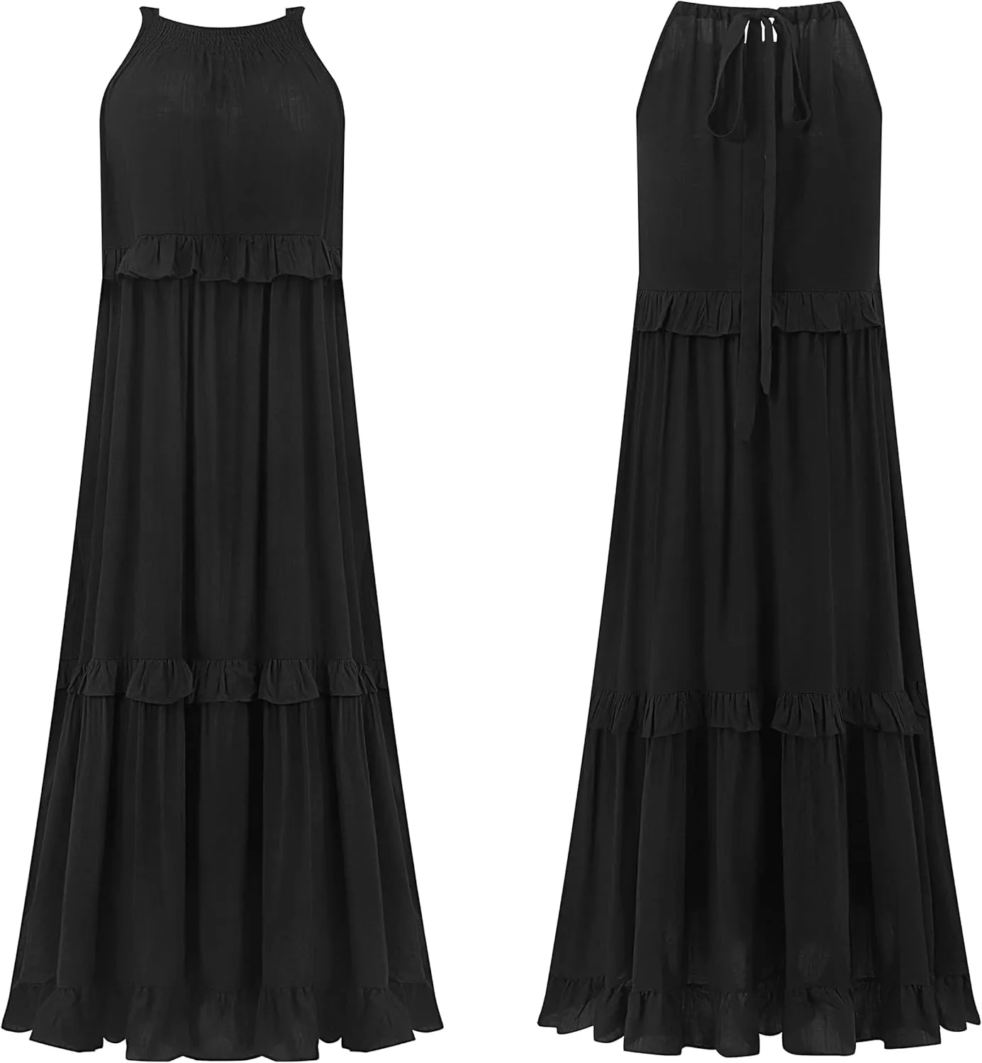 R.Vivimos Womens Summer Dress Cotton Sleeveless Halter Layered Ruffles Casual Boho Flowy Maxi Dress