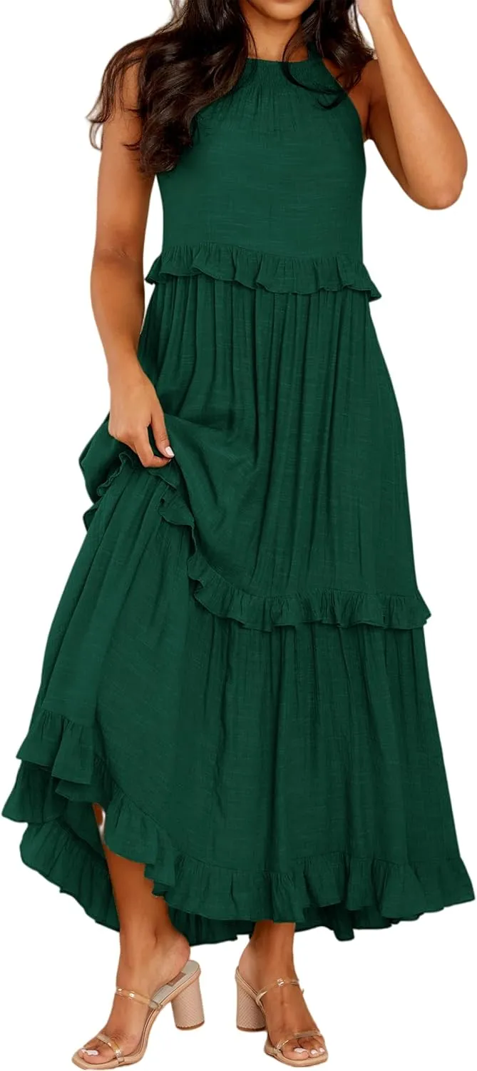 R.Vivimos Womens Summer Dress Cotton Sleeveless Halter Layered Ruffles Casual Boho Flowy Maxi Dress