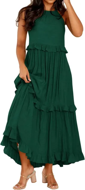 R.Vivimos Womens Summer Dress Cotton Sleeveless Halter Layered Ruffles Casual Boho Flowy Maxi Dress