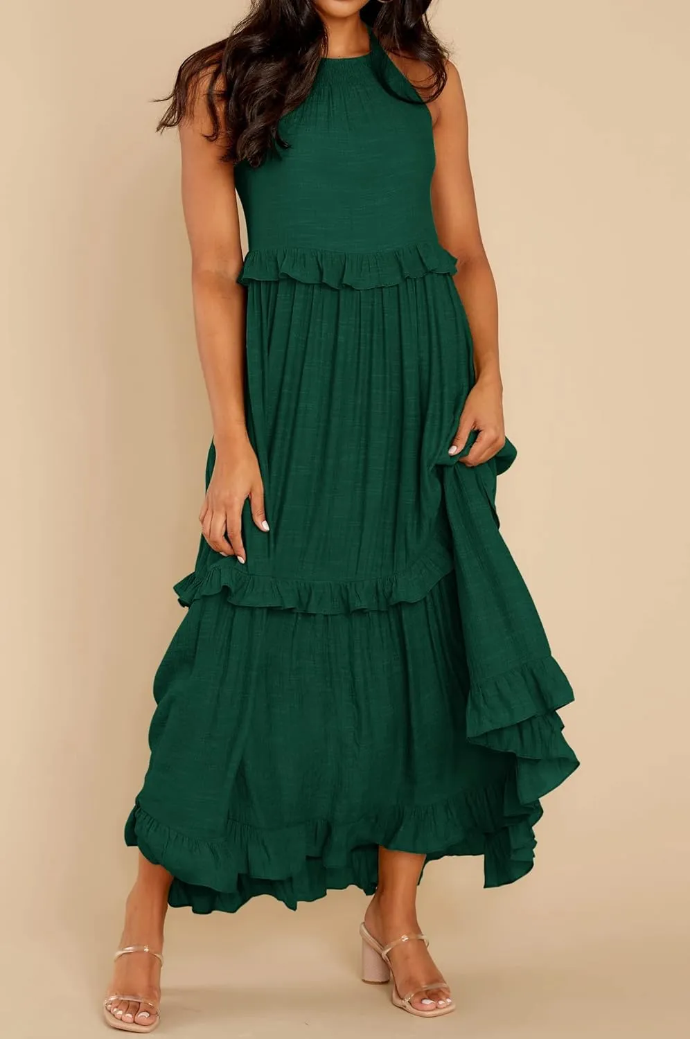 R.Vivimos Womens Summer Dress Cotton Sleeveless Halter Layered Ruffles Casual Boho Flowy Maxi Dress