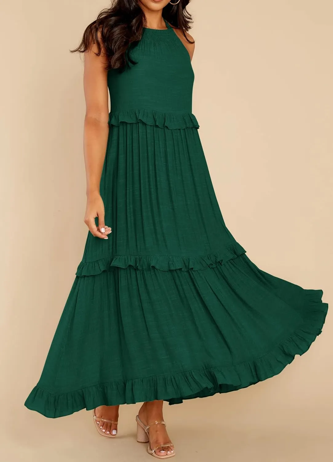 R.Vivimos Womens Summer Dress Cotton Sleeveless Halter Layered Ruffles Casual Boho Flowy Maxi Dress
