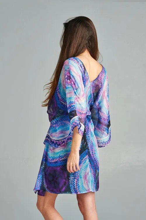 Sheer Vibrant Printed Caftan Mini Dress