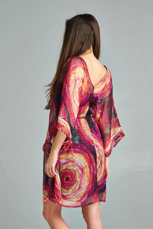 Sheer Vibrant Printed Caftan Mini Dress