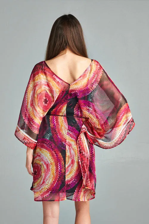 Sheer Vibrant Printed Caftan Mini Dress
