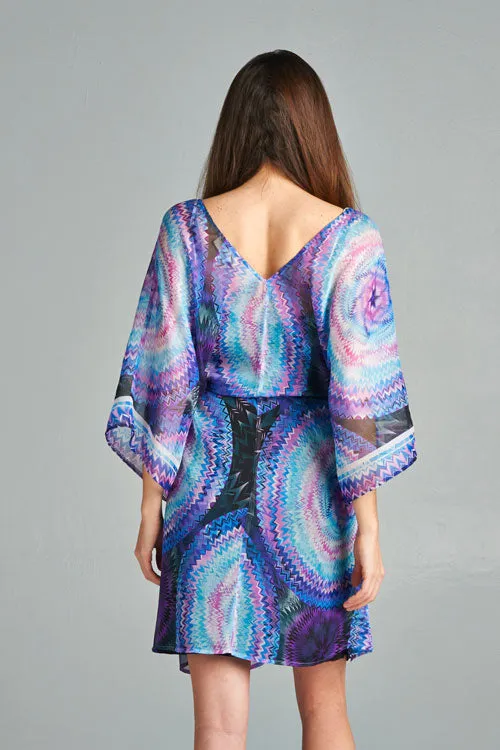 Sheer Vibrant Printed Caftan Mini Dress