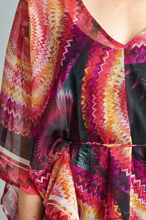 Sheer Vibrant Printed Caftan Mini Dress