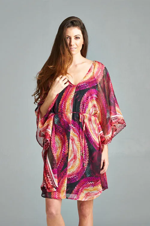 Sheer Vibrant Printed Caftan Mini Dress