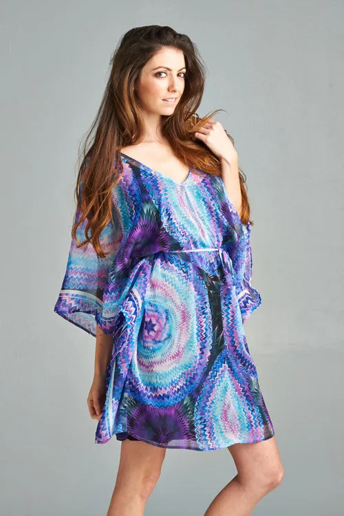 Sheer Vibrant Printed Caftan Mini Dress