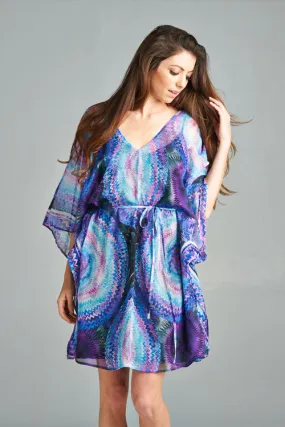 Sheer Vibrant Printed Caftan Mini Dress