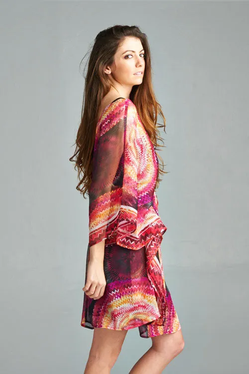 Sheer Vibrant Printed Caftan Mini Dress