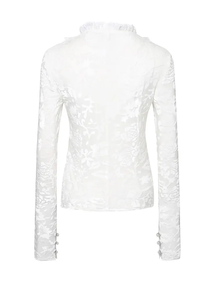 Slim Lace Panel Shirt For Women V Neck Long Sleeve Solid Minimalist Blouses Female Clothing Fashion Spring