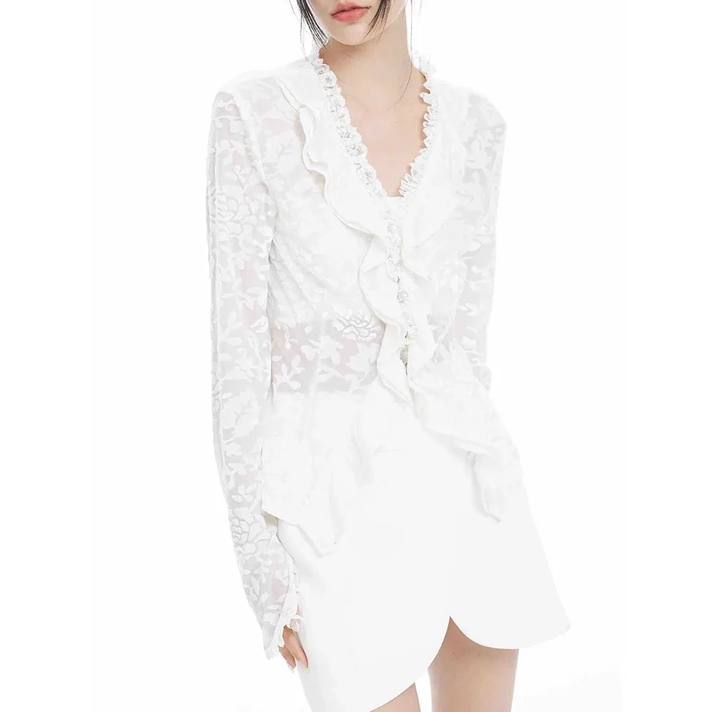 Slim Lace Panel Shirt For Women V Neck Long Sleeve Solid Minimalist Blouses Female Clothing Fashion Spring