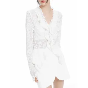 Slim Lace Panel Shirt For Women V Neck Long Sleeve Solid Minimalist Blouses Female Clothing Fashion Spring