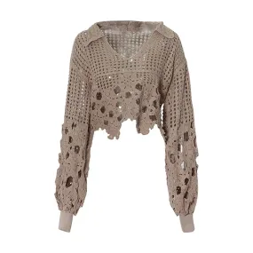 Solid Hollow Out Casual Loose Blouses For Women Lapel Lantern Sleeve Minimalist Short Pullover Shirts Female Fashion Style