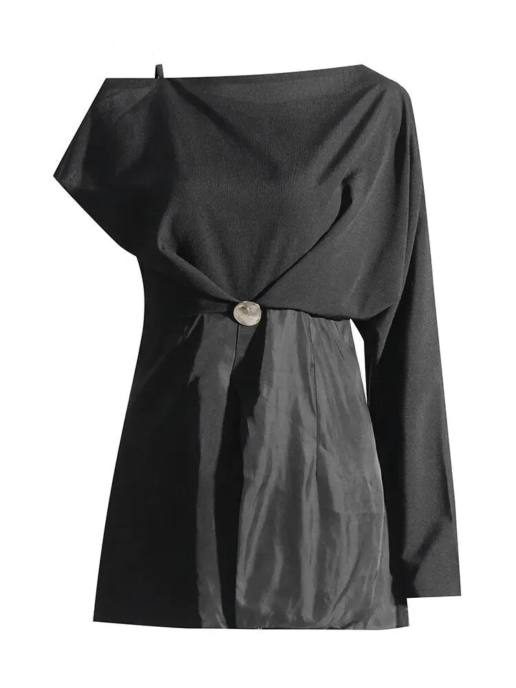 Solid Patchwork Button Temperament Shirts For Women Slash Neck Three Quarter Sleeve Minimalist Shirt Female