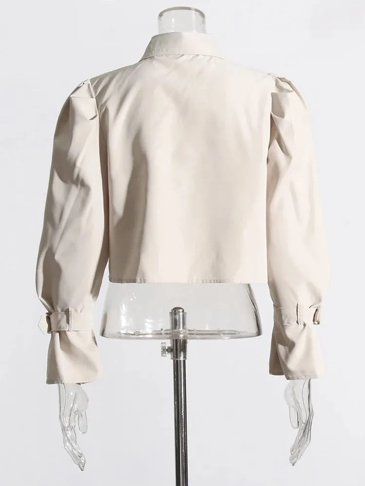 Solid Patchwork Single Breasted Blouses For Women Lapel Puff Sleeve Minimalist Temperament Blouse Female Fashion
