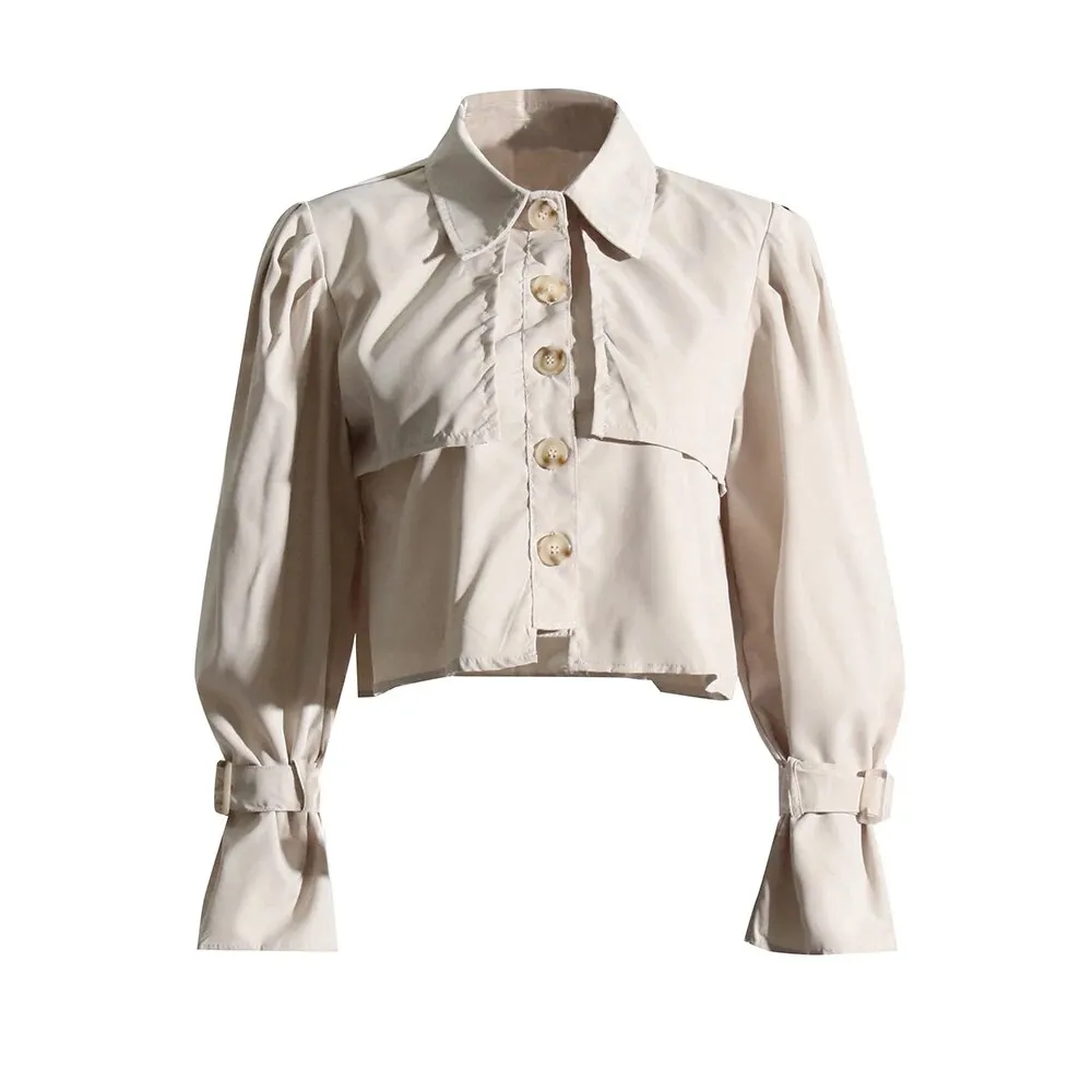 Solid Patchwork Single Breasted Blouses For Women Lapel Puff Sleeve Minimalist Temperament Blouse Female Fashion