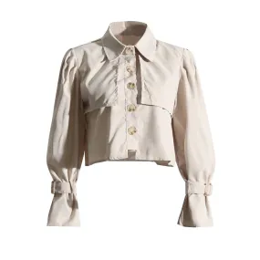 Solid Patchwork Single Breasted Blouses For Women Lapel Puff Sleeve Minimalist Temperament Blouse Female Fashion