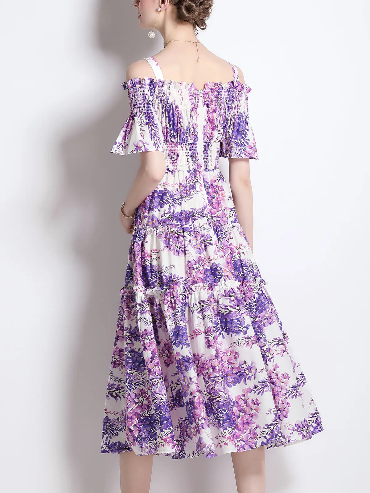 Strap Off Shoulder Stretchable High Waist Floral Printed Beach Midi Boho Dress