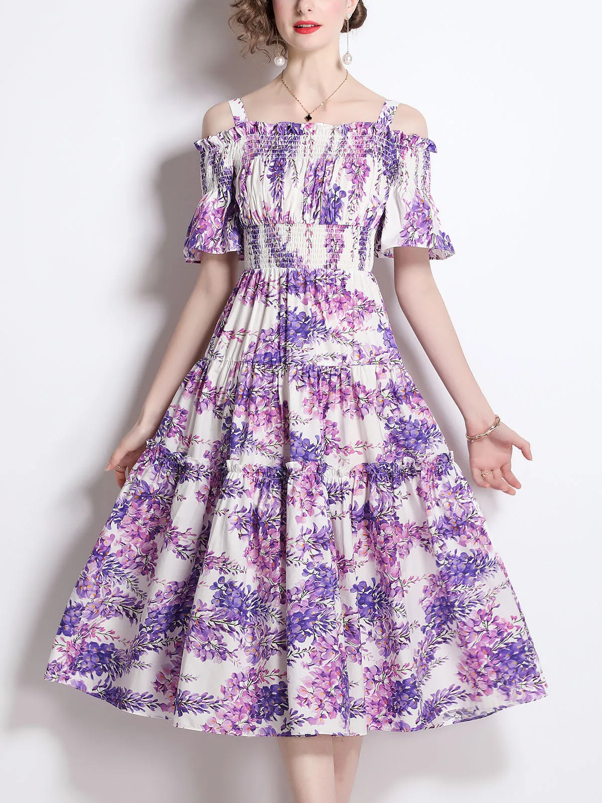 Strap Off Shoulder Stretchable High Waist Floral Printed Beach Midi Boho Dress