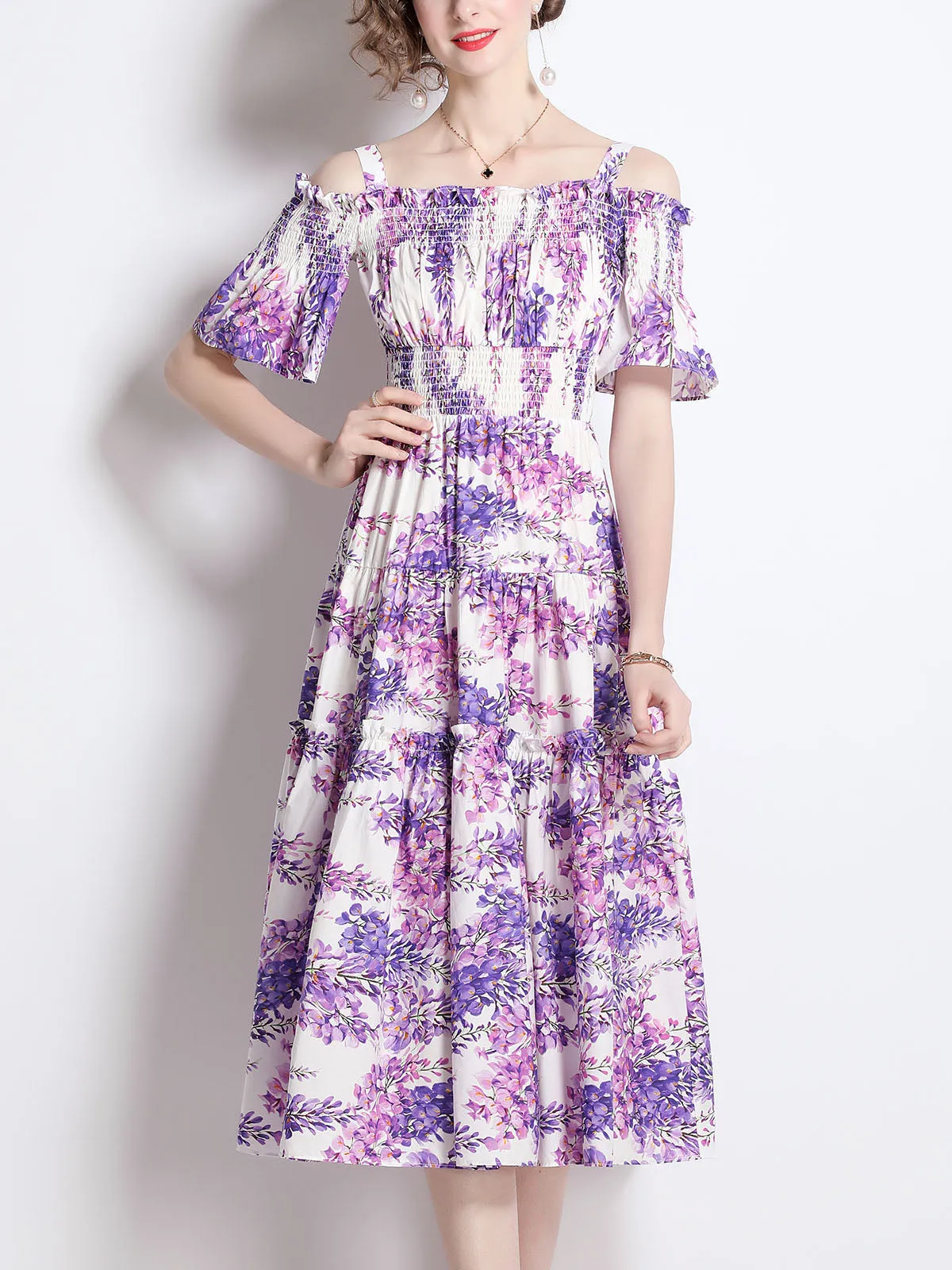 Strap Off Shoulder Stretchable High Waist Floral Printed Beach Midi Boho Dress