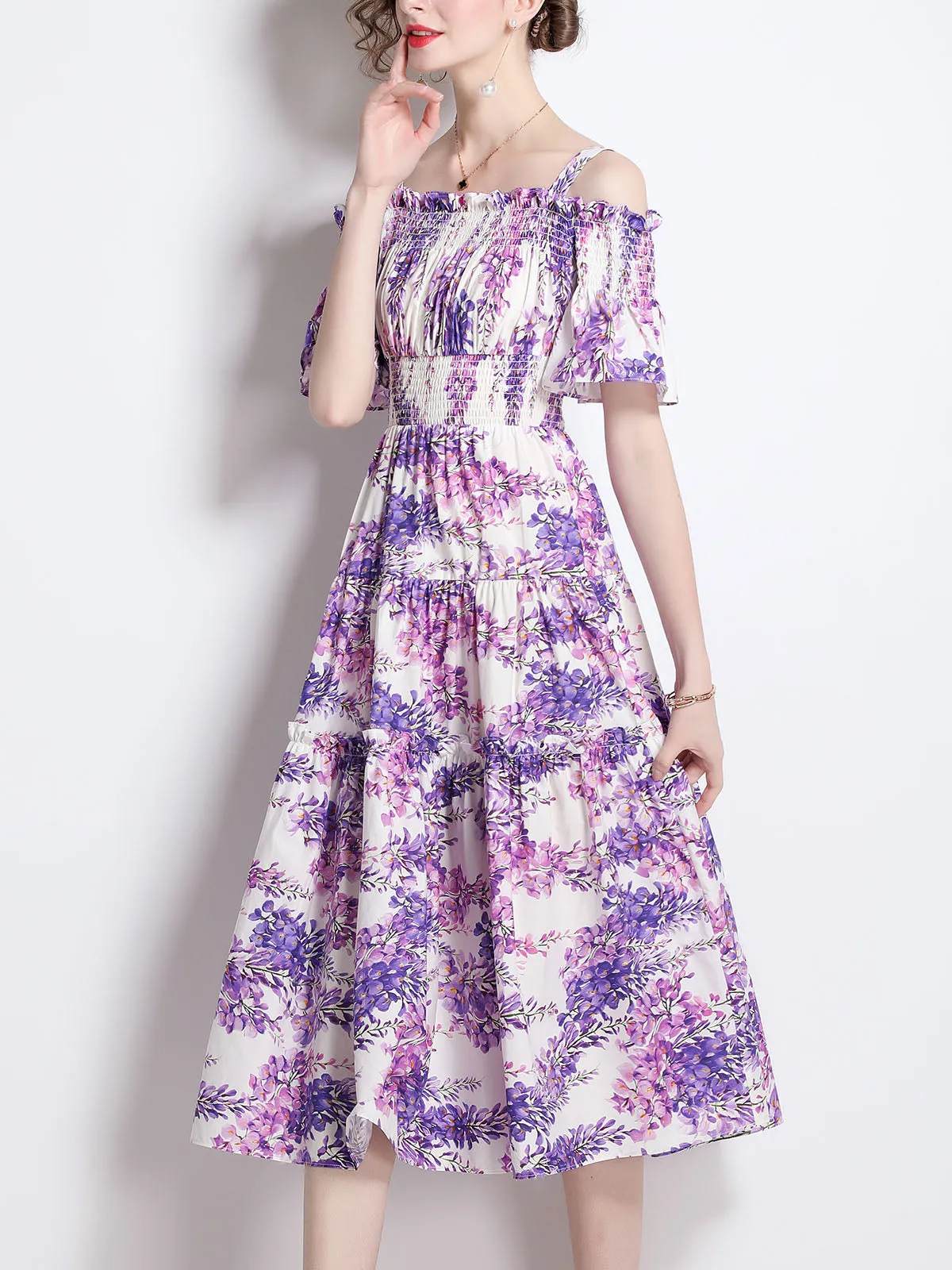 Strap Off Shoulder Stretchable High Waist Floral Printed Beach Midi Boho Dress