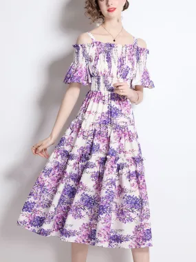 Strap Off Shoulder Stretchable High Waist Floral Printed Beach Midi Boho Dress