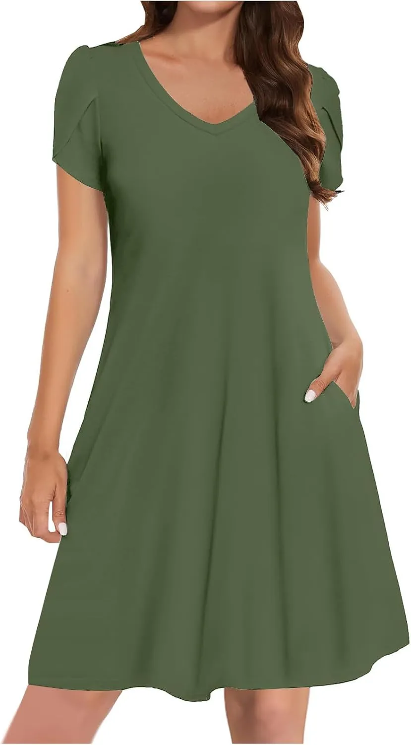 Summer Dresses for Women 2025 Short Sleeve V Neck Midi Dress Boho Beach Sundress Solid Color Casual Dress