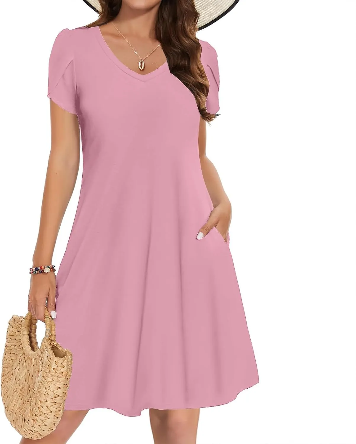 Summer Dresses for Women 2025 Short Sleeve V Neck Midi Dress Boho Beach Sundress Solid Color Casual Dress