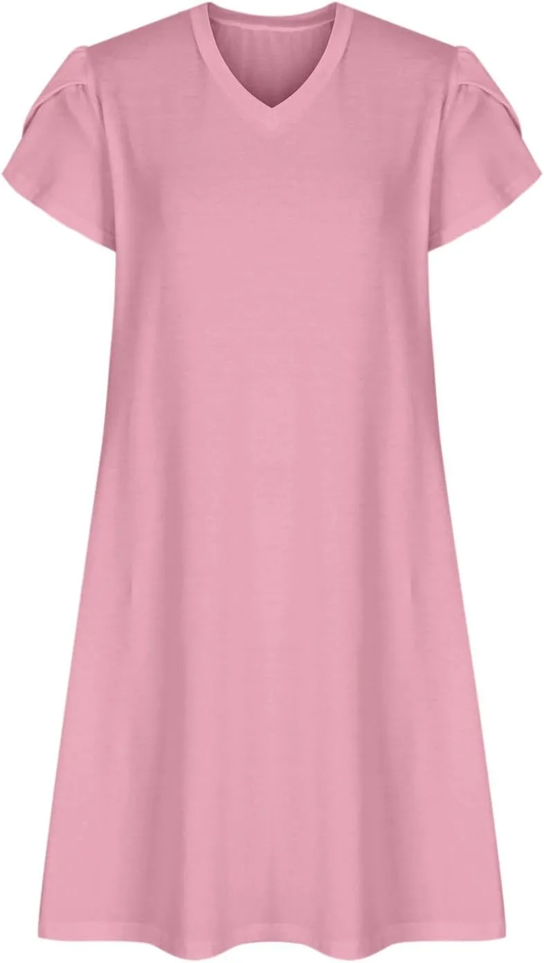 Summer Dresses for Women 2025 Short Sleeve V Neck Midi Dress Boho Beach Sundress Solid Color Casual Dress