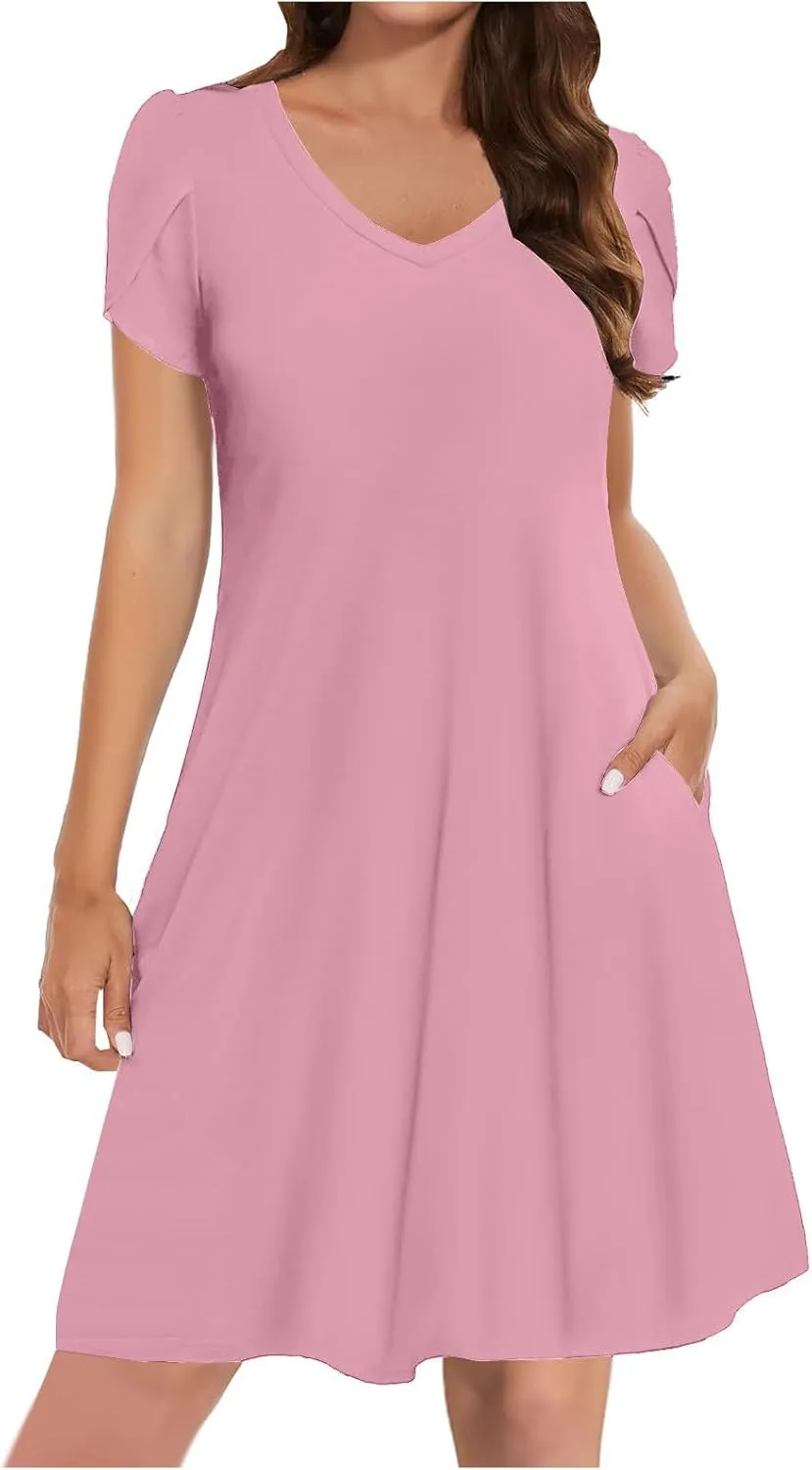 Summer Dresses for Women 2025 Short Sleeve V Neck Midi Dress Boho Beach Sundress Solid Color Casual Dress