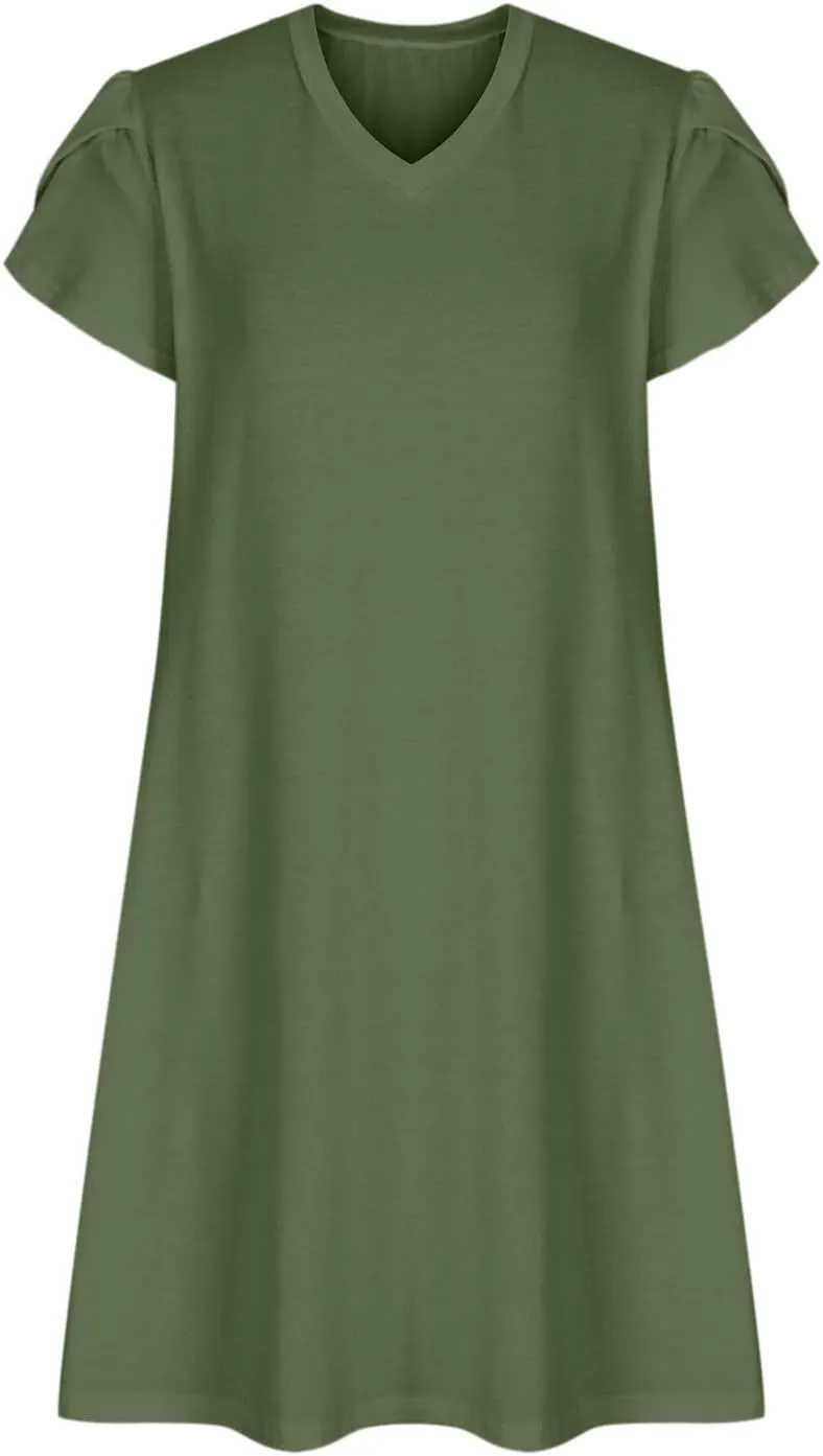 Summer Dresses for Women 2025 Short Sleeve V Neck Midi Dress Boho Beach Sundress Solid Color Casual Dress