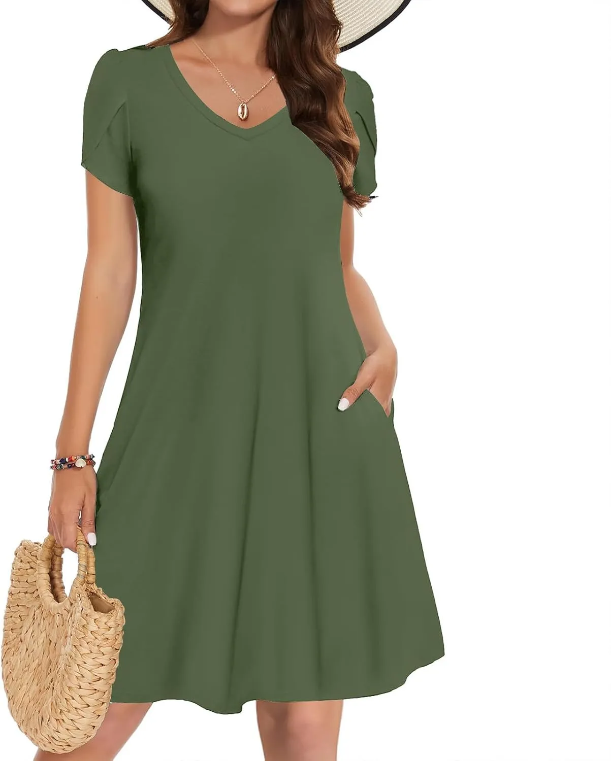 Summer Dresses for Women 2025 Short Sleeve V Neck Midi Dress Boho Beach Sundress Solid Color Casual Dress