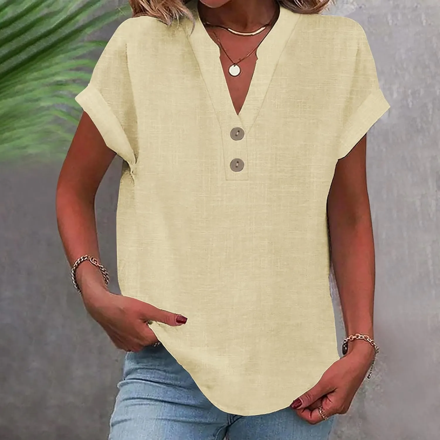 Summer Tops for Women 2025 Vacation Trendy Short Sleeve Cotton Linen Shirts Dressy Casual V Neck Buttons Blouse tees