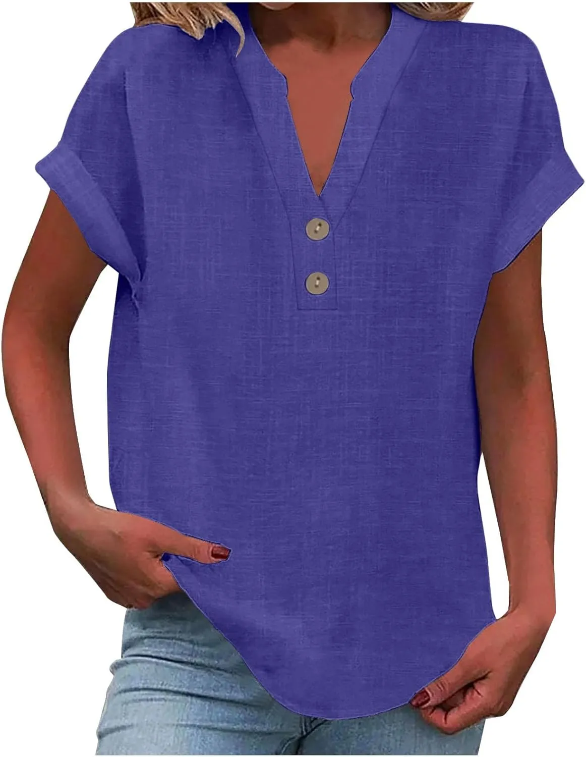 Summer Tops for Women 2025 Vacation Trendy Short Sleeve Cotton Linen Shirts Dressy Casual V Neck Buttons Blouse tees