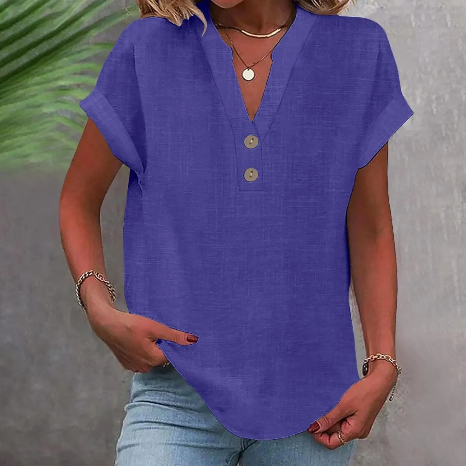 Summer Tops for Women 2025 Vacation Trendy Short Sleeve Cotton Linen Shirts Dressy Casual V Neck Buttons Blouse tees