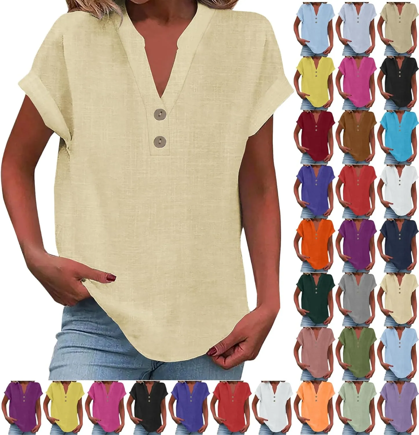 Summer Tops for Women 2025 Vacation Trendy Short Sleeve Cotton Linen Shirts Dressy Casual V Neck Buttons Blouse tees