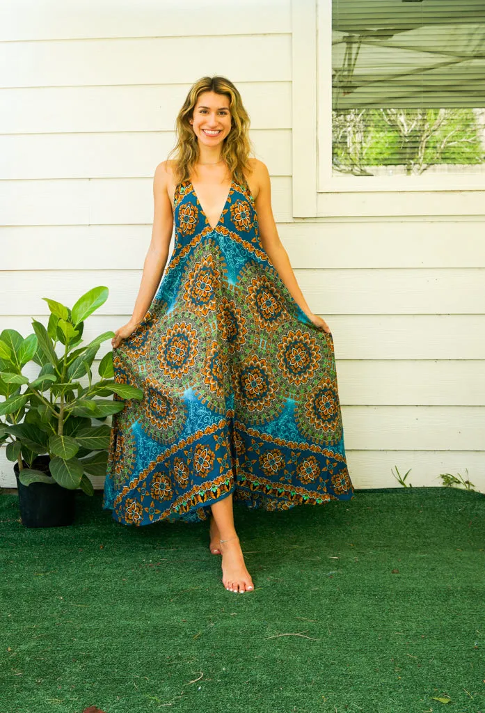 Turquoise Psychedelic Mandala Goddess Boho Maxi Dress