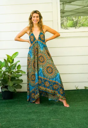 Turquoise Psychedelic Mandala Goddess Boho Maxi Dress