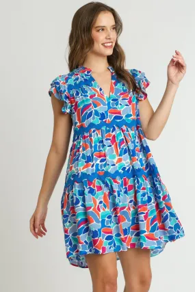 Umgee Short Abstract Print Tiered Dress in Periwinkle