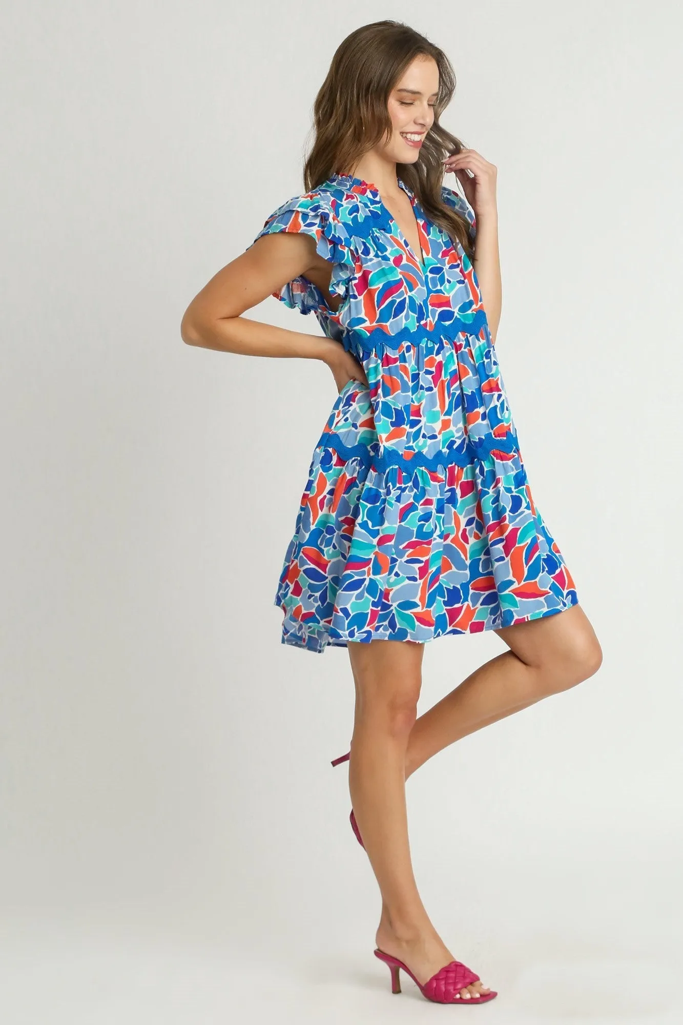 Umgee Short Abstract Print Tiered Dress in Periwinkle