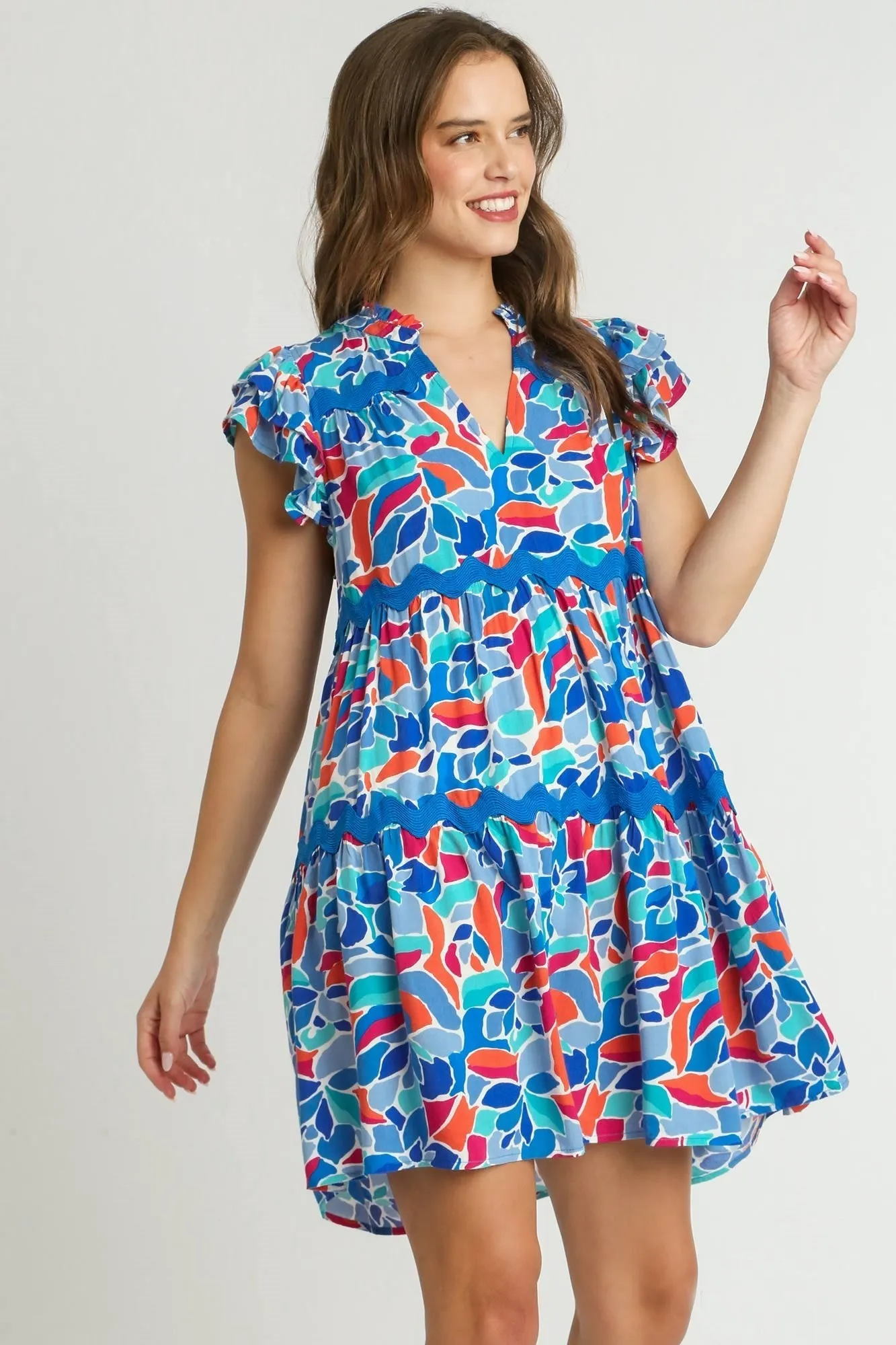 Umgee Short Abstract Print Tiered Dress in Periwinkle