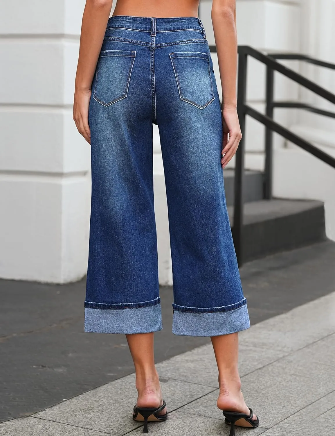 Vetinee Capris Jeans for Women Wide Leg High Waisted Trendy Fold Hem Summer Casual Stretchy Denim Jean Capri Pants