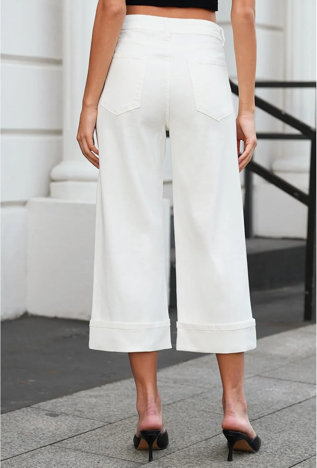 Vetinee Capris Jeans for Women Wide Leg High Waisted Trendy Fold Hem Summer Casual Stretchy Denim Jean Capri Pants