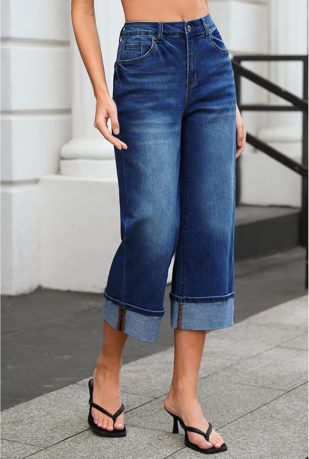 Vetinee Capris Jeans for Women Wide Leg High Waisted Trendy Fold Hem Summer Casual Stretchy Denim Jean Capri Pants