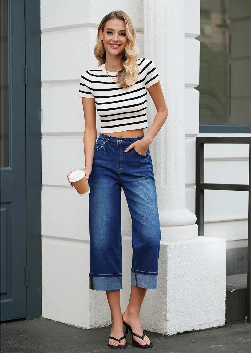 Vetinee Capris Jeans for Women Wide Leg High Waisted Trendy Fold Hem Summer Casual Stretchy Denim Jean Capri Pants