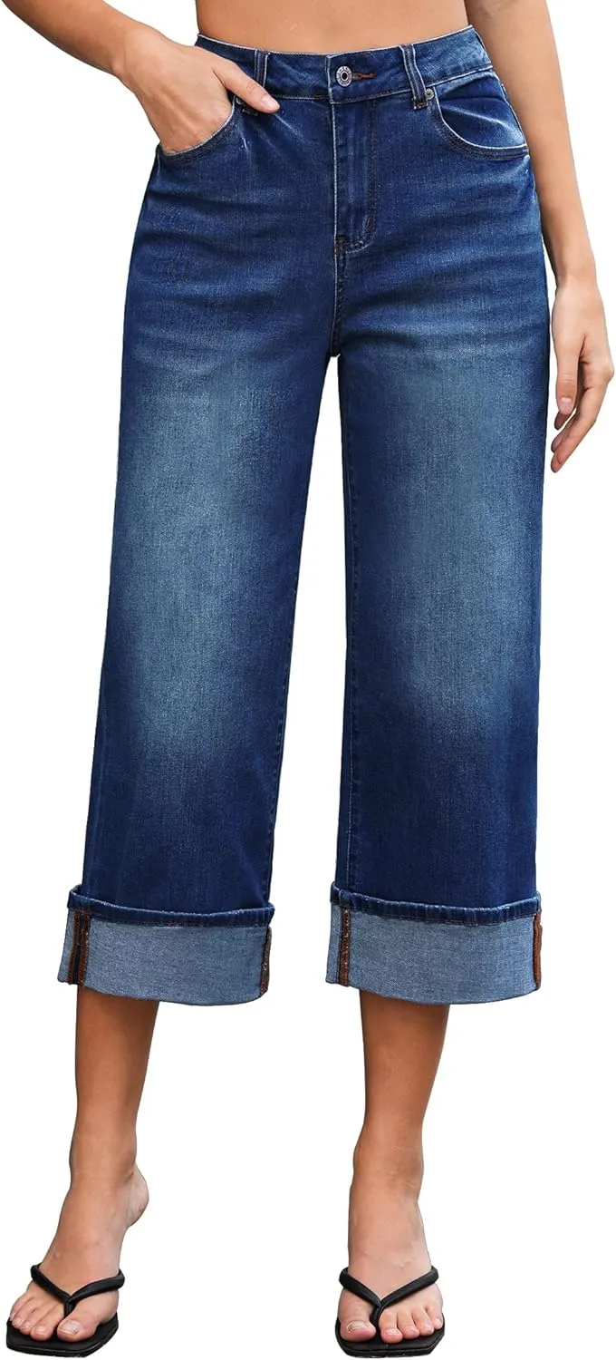 Vetinee Capris Jeans for Women Wide Leg High Waisted Trendy Fold Hem Summer Casual Stretchy Denim Jean Capri Pants