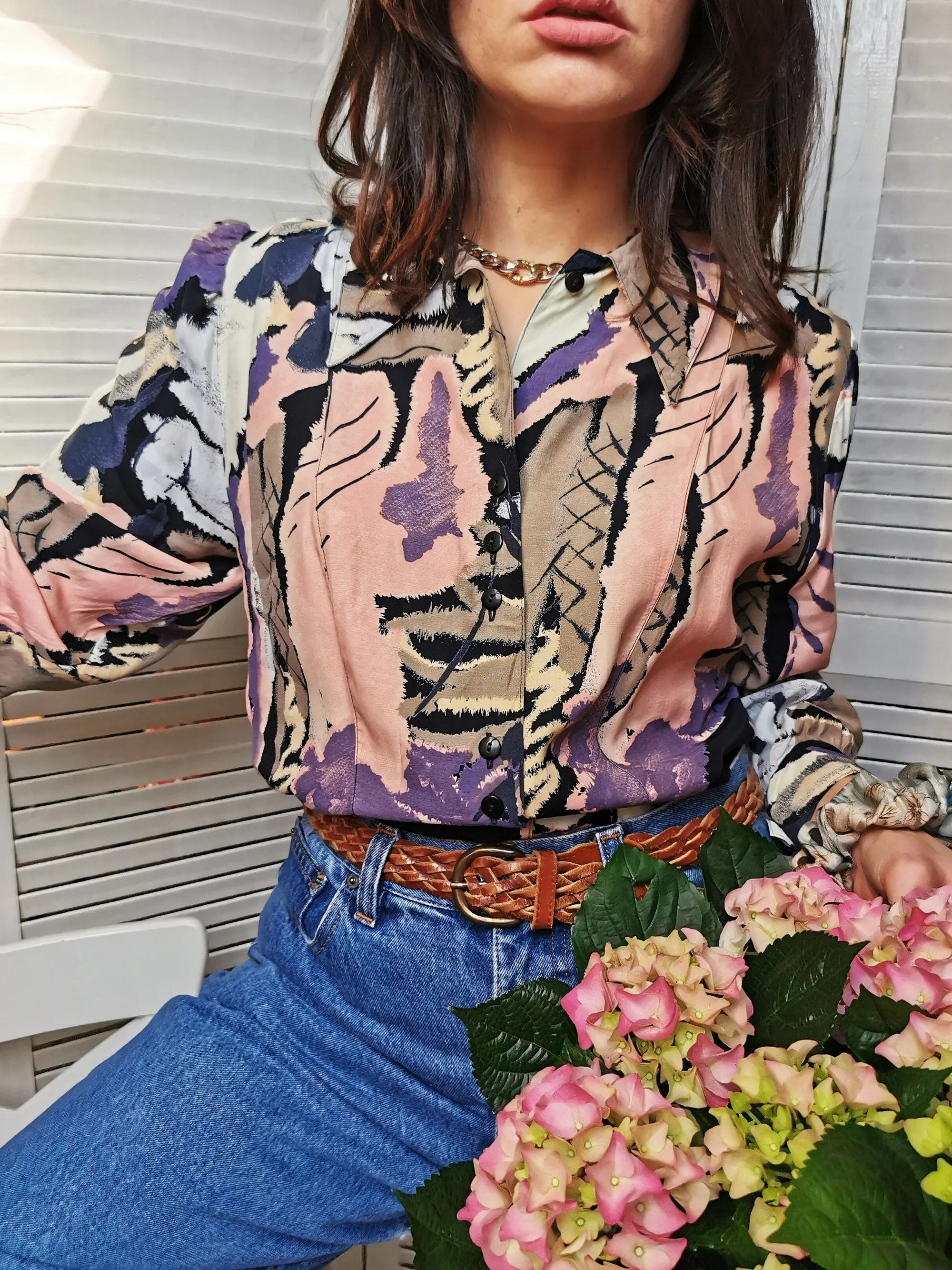 Vintage 80s minimalist abstract print pastel blouse top