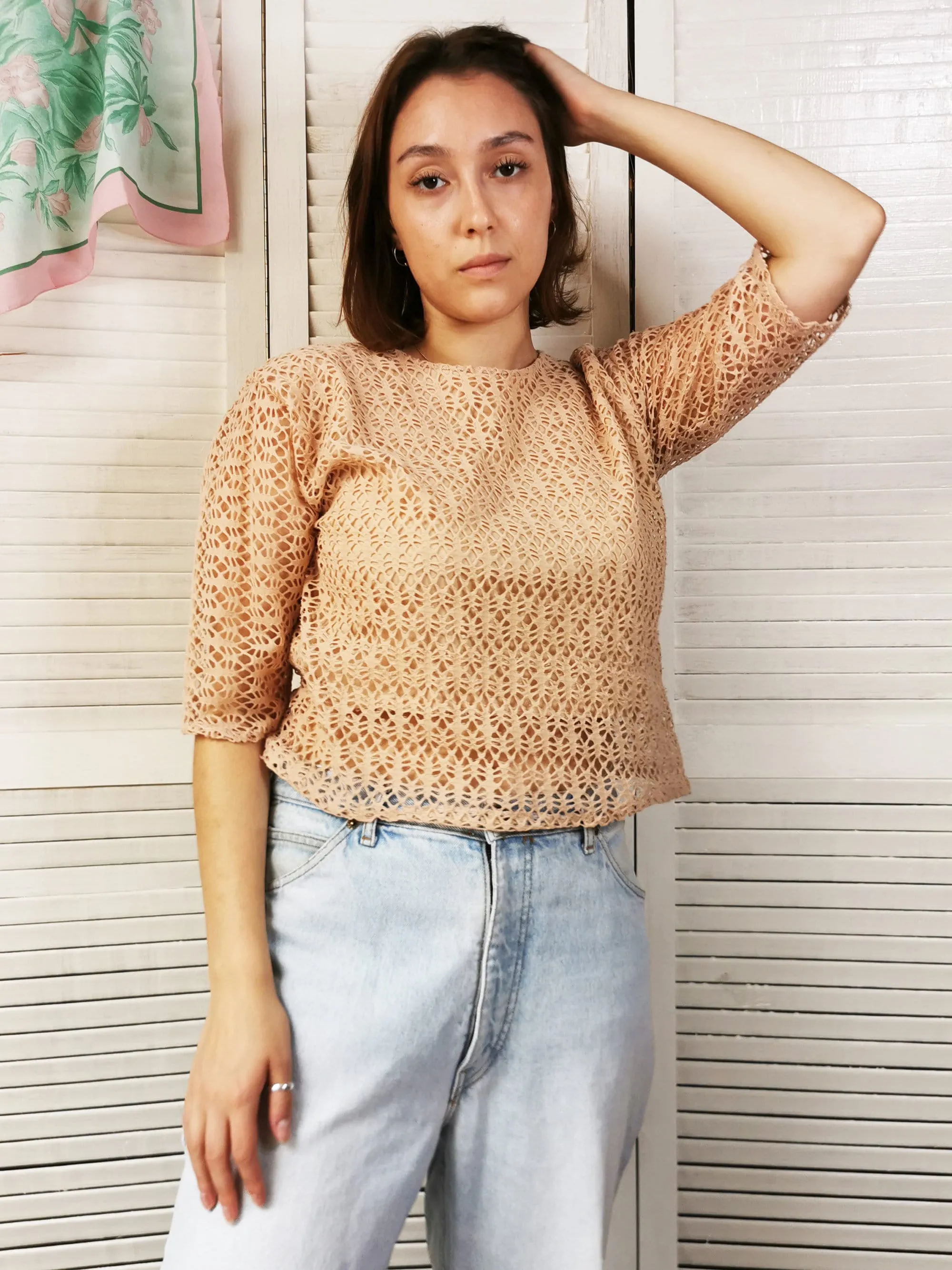 Vintage 90s minimalist pink fishnet top blouse