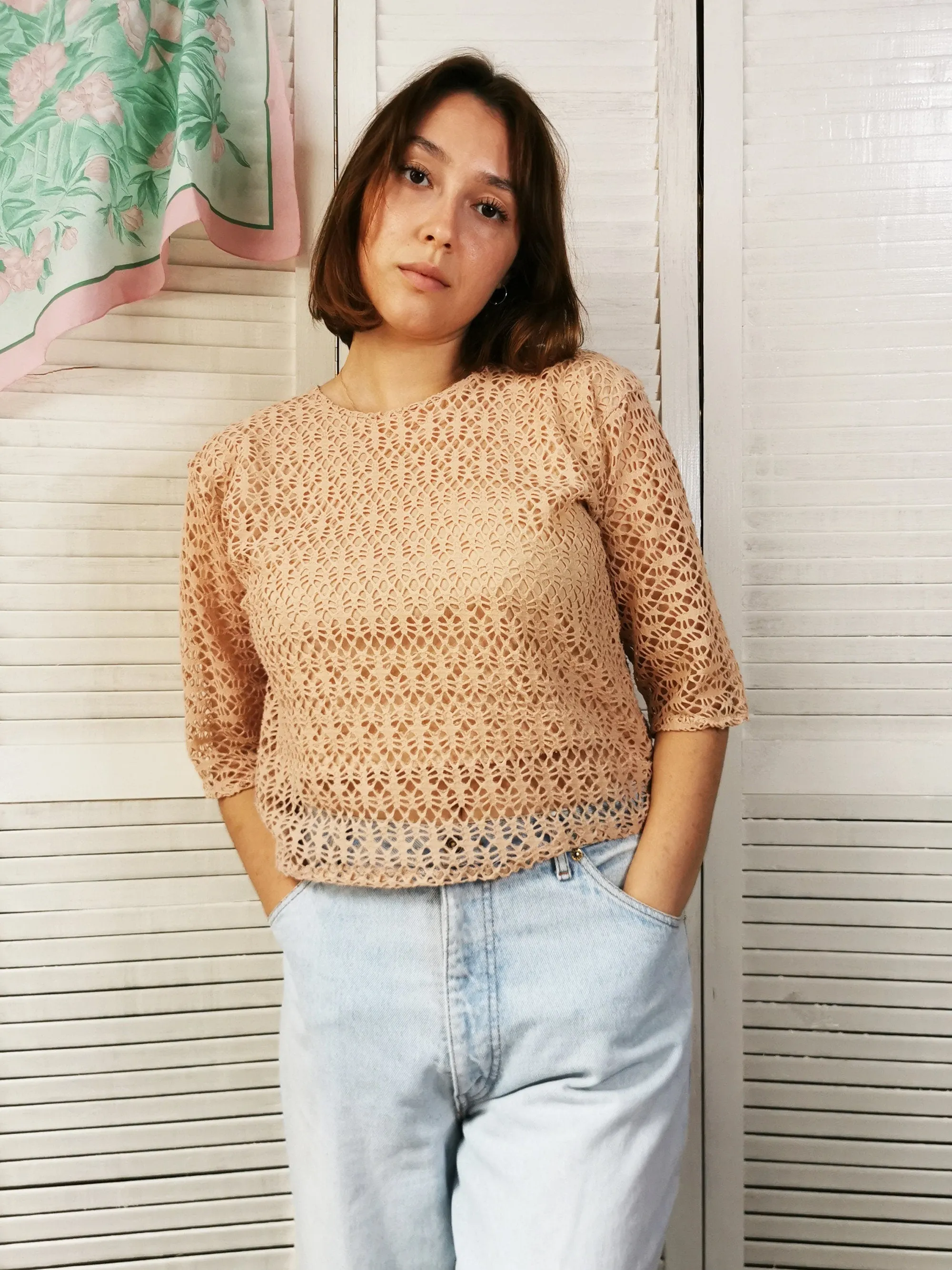 Vintage 90s minimalist pink fishnet top blouse